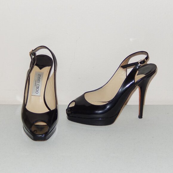 Jimmy Choo 36 6 Black Patent Peeptoe Slingback Heels Shoes Pumps Authentic - Picture 2 of 11